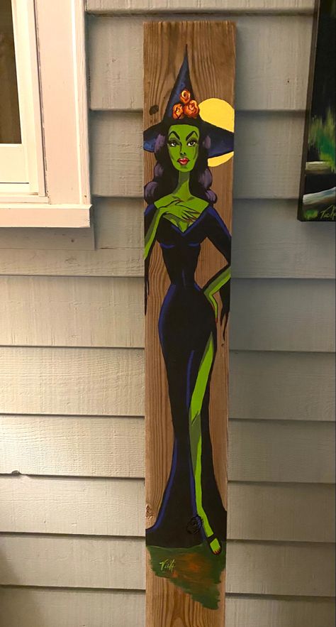 Halloween Painted Furniture, Halloween Painting On Wood, Painting Boards Ideas Wood Signs, Paintings On Wood Boards, Witch Painting Canvas, Porch Leaners, Scary Halloween Decorations Outdoor, Witch Painting, Fall Canvas Painting