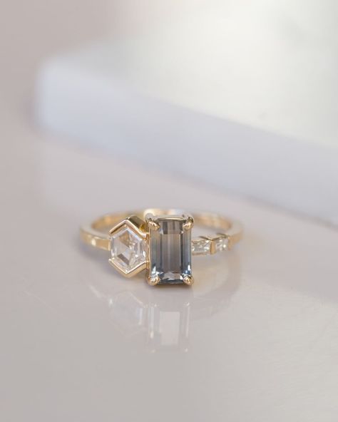 Mineralogy on Instagram: “We can’t wait to share with you one of our new one of a kind rings in the shop and coming soon online! A Sri Lankan bicolor sapphire is…” Bicolor Sapphire Ring, Bicolor Sapphire, Hexagon Diamond, Baguette Diamonds, Baguette Diamond, Baguette, Sapphire Ring, Coming Soon, Sapphire