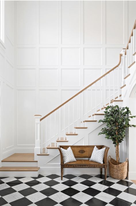 The Fox Group | Scott Davis Photography White Colonial House foyer with black and white floor American Colonial House, Colonial Home Design, Joanna Gaines Dining Room, Classic Colonial Homes, White Colonial, Light And Dwell, Checkerboard Floor, Beautiful Flooring, Colonial Home