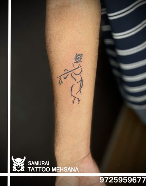 Krishna Simple Tattoo, Kanha Ji Tattoo Design, Dwarkadhish Tattoo Designs, Krishna Ji Tattoo, Sanatan Tattoo Ideas, Krishna Tattoos Women, Bharatnatyam Tattoo, Radhakrishna Tattoo, Krishna Tattoo Small For Women