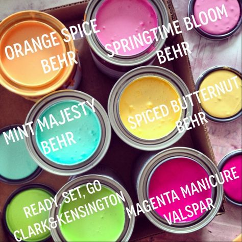 Colourful Toy Room, Behr Bright Paint Colors, Preppy Colors To Paint Your Room, Bright Paint Colors For Bedroom, Rainbow Paint Colors Behr, Multi Colored Accent Wall, Craft Room Paint Ideas Color Schemes, Fun Door Paint Ideas, Colorful Painted Walls