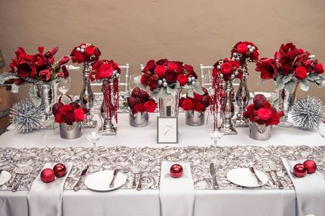 red and silver wedding Red Silver Wedding, Silver Wedding Theme, Christmas Wedding Themes, Silver Wedding Decorations, Red Wedding Decorations, Red And White Weddings, Red Wedding Theme, Silver Centerpiece, Wedding Red