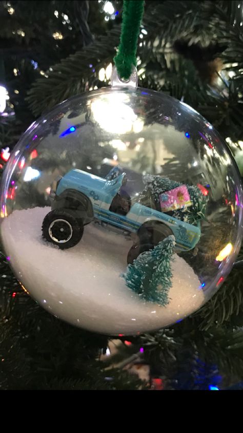 Hot wheels Christmas Ornament we made Hot Wheels Ornaments Diy, Jeep Christmas Ornaments, Diy Train Ornaments, Hot Wheel Crafts, Hot Wheels Christmas Tree Ideas, Hot Wheels Diy Ideas, Hot Wheels Crafts, Hot Wheels Decorations, Hot Wheels Christmas Tree