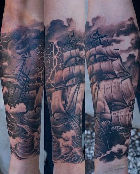 Clipper on a stormy sea Stormy Sea Tattoo, Ship On Stormy Sea, Sea Tattoo Design, Nautical Sleeve, Trident Tattoo, Storm Tattoo, Boat Tattoo, Sea Tattoo, Demon Tattoo