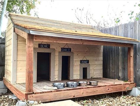 60 Best Dog House Ideas and Designs | The Paws Dog House Diy Outdoor, Double Dog House, Large Dog House Plans, Large Dog House Outdoor, Dog House With Porch, Dog House Ideas, Outside Dog Houses, Big Dog House, Backyard Dog Area