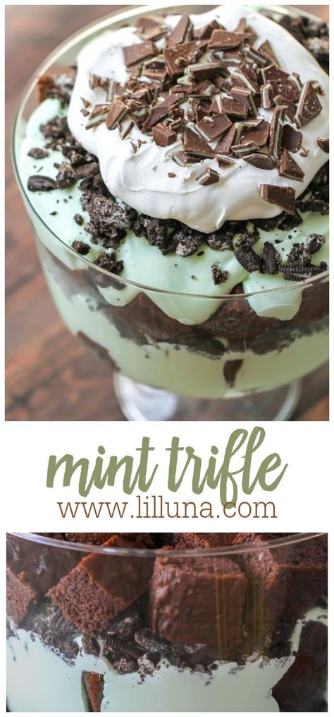 This Mint Trifle is a delicious, cool, layered dessert made with chocolate cake, mint cream filling, Oreos and Andes! #minttrifle #triflerecipe #trifles #chocolate #andesmints Mint Trifle, Angel Food Cake Trifle, Chocolate Layer Dessert, Trifle Bowl Recipes, Mint Chocolate Desserts, Cake Trifle, Trifle Dessert Recipes, Mint Desserts, Trifle Recipes