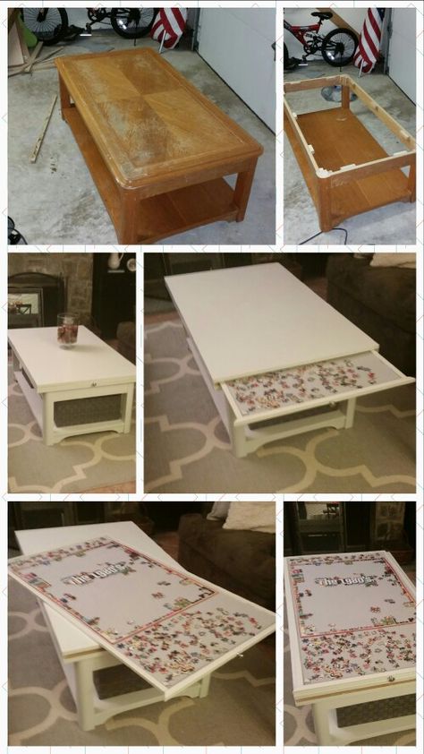 Old coffee table turned store-a-puzzle coffee table! Threw away the top and built a new one to house a tray for puzzles. Easy to stow when guests come or you're just tired of working on it. Old Coffee Tables, Puzzle Table, Just Tired, Tables Diy, Diy Coffee Table, Funky Painted Furniture, Diy Coffee, Diy Furniture Table, Deco Floral