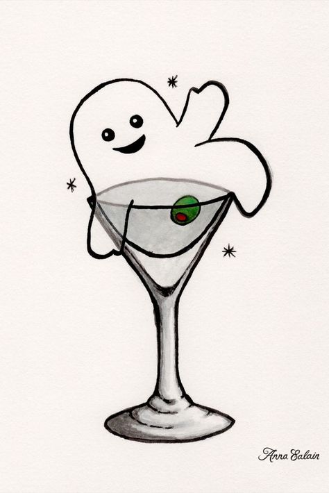 Original Ink Drawing, Life of the Party. With a cute little ghost in a martini glass. Cute Halloween Decoration. Martini Drawing, Drawing Ghost, Cute Halloween Decorations, Ghost Gifts, Original Ink Drawing, Little Ghost, Life Of The Party, Martini Glass, Cute Halloween