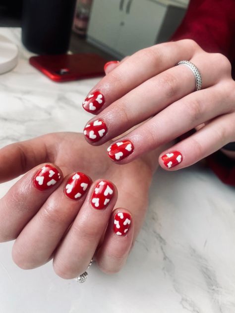 Pictured: Valentine’s Day love heart nails Design. White Love Heart Nails, Nail Design For Kids, Love Heart Nails, White Nail Design, Kids Nail Designs, Red Nail Polish, White Love, White Nail Designs, Heart Nails