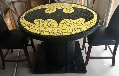 Big Wood Projects, Spool Ideas, Spool Table, Batman Decor, Mosaic Tile Table, Gothic Decor Bedroom, Spool Tables, Batman Inspired, Whimsical Painted Furniture