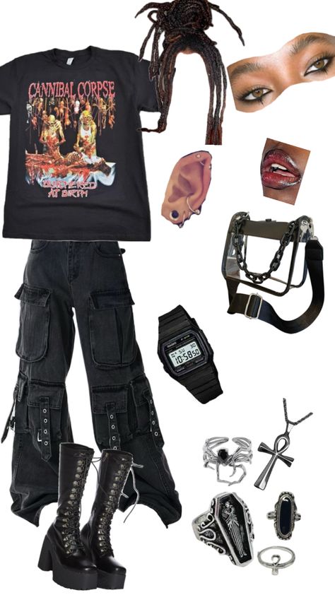 Cannibal corpse shirt paired with oversized cargo pants and platform boots Mall Goth Fashion, Goth Fits, Concert Fit, Concert Fits, Red Head, Mall Goth, Goth Fashion, Redheads, New Outfits