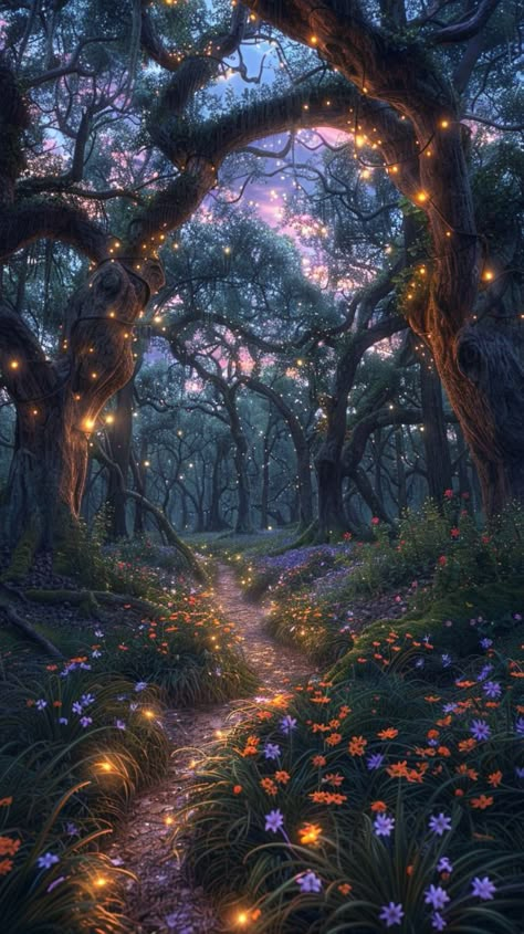 Forest Magical Fairyland, Rainbow Forest Aesthetic, Fae Wild Landscape, Secret Forest Aesthetic, Enchanted Fairy Forest Aesthetic, Fantasy Photography Forest, Forest With Fairy Lights, Fairy Land Magical Forest Drawing, Fairy Place Aesthetic