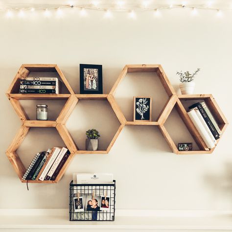 Hex Shelves, Honeycomb Shelves Decor, Architectural Digest Bedroom, Wooden Shelf Design, Comfortable Bedroom Decor, Honeycomb Shelves, Hexagon Shelves, Wood Wall Art Diy, Hall Interior Design