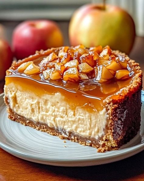 Jamie Oliver Recipes | Gourmet Caramel Apple Cheesecake Extravaganza | Facebook Recipes Gourmet, Gourmet Caramel Apples, Caramel Apple Cheesecake, Apple Cheesecake, Jamie Oliver Recipes, Creamy Cheesecake, Caramel Apple, Jamie Oliver, Caramel Apples