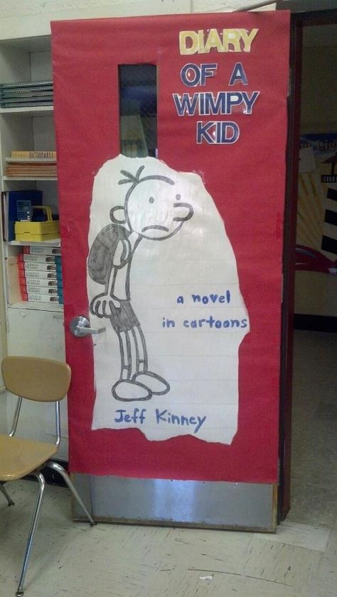 Reading month door. I used the smart board as a projector, traced the book cover and had it laminated. All of my students love the book, and the door!!! Book Cover Door Decorations Classroom, Month Ideas, Reading Month, Door Decorating Contest, Library Bulletin Boards, Jeff Kinney, Classroom Tips, Cover Door, Door Decorations Classroom