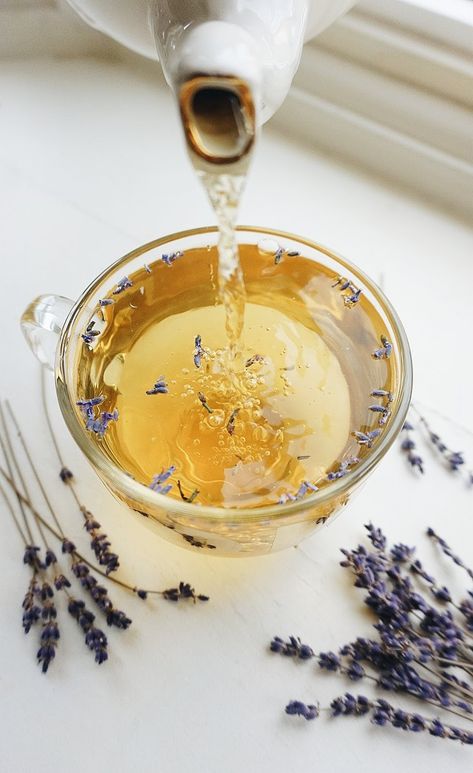 Calming tea with real organic lavender flowers. Lavender steeps beautifully. You can also add organic whole chamomile flowers for a floral tea dream. #flowertea #organictea #chamomile #lavender #floraltea #flowers #french #calm #peaceful #tea #diy Floral Tea Aesthetic, Lavender Tea Aesthetic, Tea Product Photography, Tea Moodboard, Lavender Chamomile Tea, Witchy Tea, Lotus Flower Tea, Sea Beast, Tea Product