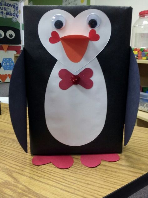 Penguin Valentine box Valentines Box Mail Boxes, Penguin Valentine Box Ideas, Kids Valentines Box Ideas, Easy Valentine Boxes, Valentine Box Ideas For School, Penguin Valentines, Valentine's Boxes, Girls Valentines Boxes, Valentine Boxes For School