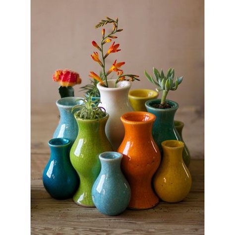 Multi Colored Ceramic Vases, Set Of 13 Kalalou Vases Vases Home Decor Colorful Glass Vases Decor, Eclectic Mantle, Pottery Vase Colorful, Unique Vase Artful Home, Colored Glass Vases Bohemian, Ceramic Bud Vases, Colored Glass Vases Contemporary, Colored Vases, Table Vase