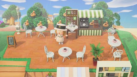 Coffee Stand Animal Crossing, Animal Crossing Coffee Shop Design, Animal Crossing Coffee Stall, Bakery Animal Crossing, Animal Crossing Coffee Shop, Acnh Coffee Shop, Animal Crossing Shop Ideas, Animal Crossing Coffee, Shop Animal Crossing