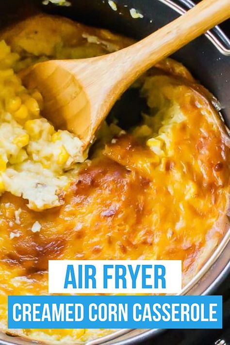 This air fryer creamed corn casserole is a simple, no-fail recipes that tastes just like Grandma used to make. This corn casserole is perfect for the holidays or your next family dinner. #airfryer #sidedish #holidaydish #creamedcorn #corncasserole via @vegetarianmamma Air Fryer Casserole, Air Fryer Casserole Recipes, Corn Soufflé Recipe, Creamed Corn Casserole, Creamed Corn Casserole Recipe, Cornbread Pudding, Cream Corn Casserole, New Air Fryer Recipes, Corn Casserole Recipe