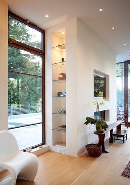 Glass shelves beside the fireplace. CCS Architecture - Mill Valley, CA - modern - family room Niche With Glass Shelves, Glass Shelves Kitchen, Modern Family Rooms, Cubby Hole, Mill Valley, The Fireplace, Modern Family, Glass Shelves, Cubbies