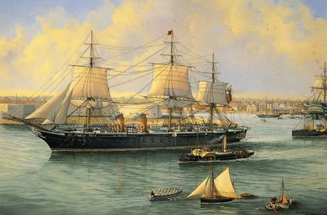 HMS Warrior leaving Portsmouth Harbour on her first commission in 1861. She was built as Britain’s first ironclad battleship to counter the perceived threat of the French battleship ‘Gloire’. HMS... Hms Warrior, Portsmouth Harbour, Marine Artist, Navi A Vela, Old Sailing Ships, Maritime Art, Marine Art, Sailing Vessel, Ship Paintings