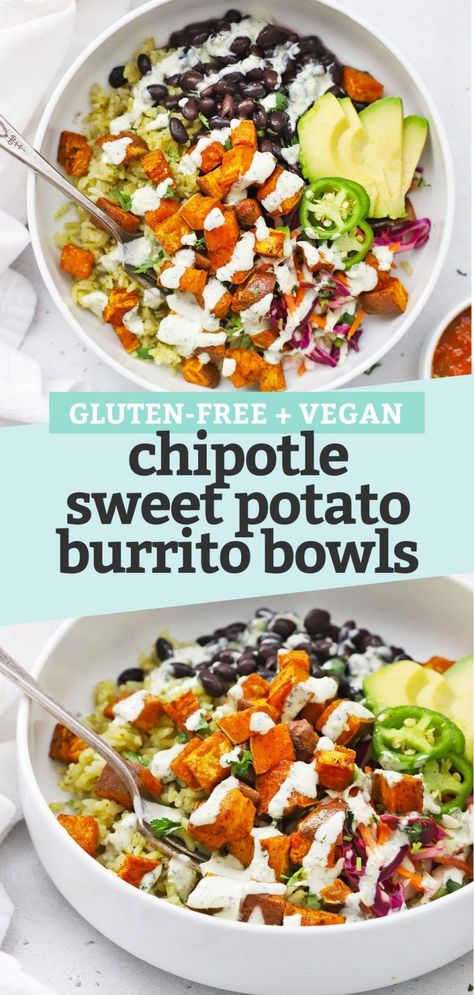 Chipotle Sweet Potato Burrito Bowls - Colorful sweet potato black bean burrito bowls loaded with seasoned roasted chipotle sweet potatoes, black beans, veggies, rice, and more. One of our favorite vegan burrito bowl recipes! (Gluten-Free, Vegan) // burrito bowl // roasted sweet potatoes // vegan burrito bowl // vegan dinner // healthy dinner #glutenfree #vegan #texmex #burritobowl #burrito #HealthyFoodsToLoseWeightFast January Food, Potato Burrito, Sweet Potato Burrito, Vegetable Meals, Bean Burrito, Bowls Recipes, Vegan Burrito, Healthy Bowls Recipes, Protein Bowls