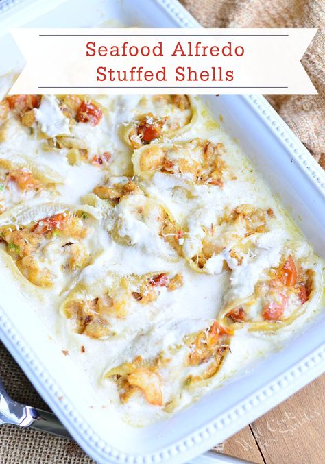 An amazing combination of two classic dishes, Seafood Alfredo Stuffed Shells is the ultimate mash-up. Pasta shells with shrimp, scallops, crab, and cheese is topped with creamy Alfredo sauce for a dinner recipe your family will love! Crab Stuffed Shells, Garlic Crab, Seafood Alfredo, Seafood Stuffed Shells, Alfredo Stuffed Shells, Shells Recipe, Crab Stuffed, Pasta Shells, Cheese Butter