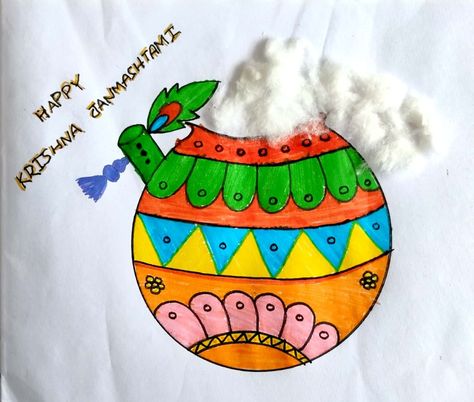 Drawing of butter pot(makhan) Janmashtami Creative Ideas, Janmashtami Matki Drawing Easy, Janmastami Craft For Kids, Easy Drawing For Janmashtami, Krishna Jayanthi Crafts For Kids, Matka Drawing For Janmashtami, Janmastami Drawing For Kids, Janamashtmi Activity For Kids, Janmashtmi Craft Activity