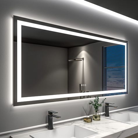 PRICES MAY VARY. 【Front lights and Backlit】- ODDSAN LED bathroom mirrors are double lighted, with both front and back led strips, brighter than the mirror only with backlit or front light. This lighted vanity mirror will bring enough lights for makeup and shaving. The stylish design makes the bathroom modern and high-end. 【Stepless Colors Adjustable and Dimmable】- All the colors changes are controlled by touch button on the mirror surface. The colors can be adjustable from warm white (3000K) to cold white (6000K) steplessly by long press the light button . And each color temperature is dimmable as you like. The brightness setup will be remembered for your next use when it is controlled by wall switch. 【Anti-Fog Mirror】- With a defog film attached on the back of light up mirror, it will be Backlit Bathroom Mirror, Vanity Mirror With Lights, Bathroom Mirror Lights, Illuminated Mirrors, Lighted Vanity Mirror, Led Bathroom, Led Mirror Bathroom, Mirror Wall Bathroom, Dimmable Led Lights