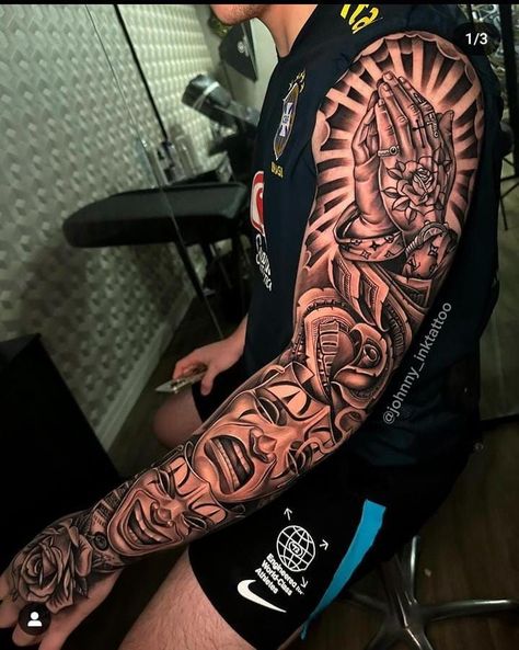 Black Sleeve Tattoos For Guys, Cool Half Sleeve Tattoos For Men Ideas, Inner Arm Sleeve, Full Sleeve Tattoos For Guys, Mens Full Sleeve Tattoo, Voll Arm-tattoos, Cruces Tattoo, Brother And Sister Tattoo Ideas, Black Sleeve Tattoo