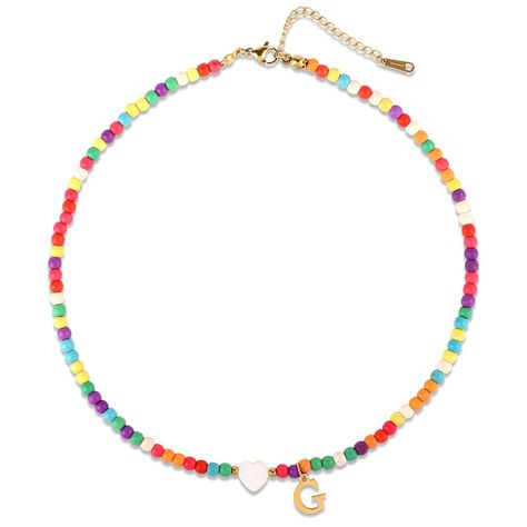 PRICES MAY VARY. Packing List: You wil receive 1 piece of colorful beaded initial necklace, which measures about 37cm/14.56in in perimeter, with an extension chain of about 5.5cm/2.16in. It can adjust suitable length that you need. Premium Material: Our letter beaded necklaces are made of shell heart and colorful artificial turquoise beads. The letter pendant is made of quality stainless steel, sturdy and rreusable, comfortable to wear, no damage to the skin. You can wear it with confidence. Spe Alphabet Necklace, Necklace With Heart, Necklace Colorful, Stylish Letters, Letter Pendant Necklace, Rainbow Beads, Letter Beads, Pony Beads, Letter Pendants