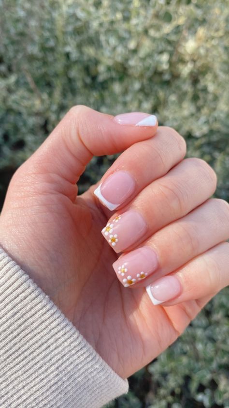 French mani with daisies Pink French Tip Nails With Daisy, French Tip With Flowers, French Manicure Designs, Pink Toes, Flower Nail Designs, Hand Flowers, White Tip, French Tip Nails, Flower Nails