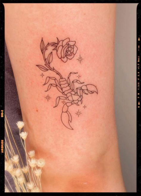 Scorpion Tattoo With Rose, Scorpio With Flowers Tattoo, Scorpion Lollipop Tattoo, Scorpio Venus Tattoo, Pink Scorpion Tattoo, Scorpio Rose Tattoo, Scorpio Tattoo For Women, Small Scorpion Tattoo Woman, Scorpion With Flowers Tattoo