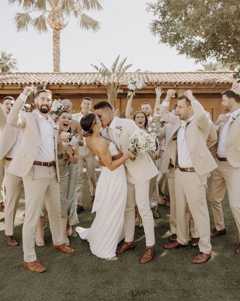 Tan Groomsmen, Beach Wedding Groom Attire, Neutral Wedding Decor, Beige Bridesmaids, Wedding Group Photos, Groomsmen Party, Bridal Party Groomsmen, Wedding Photography List, Bridal Parties Colors