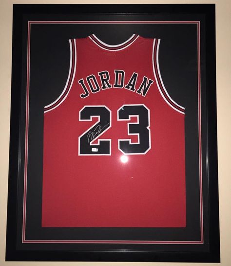 Framed Jersey of #MichaelJordan #ChicagoBulls #23 GOAT #FramedJersey #JerseyFraming Basketball Jersey Frame, Framed Basketball Jersey, Framed Jersey Ideas, Framed Jerseys On Wall, Frame Jersey Ideas, Office Bedroom Combo, Jersey Frame, Future Restaurant, Vintage Basketball Jerseys