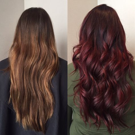 Brown To Red Hair Before And After, Cherry Balayage, Chocolate Cherry Hair Color, Hair Color Cherry Coke, Chocolate Cherry Hair, Hair Color At Home, Coffee Brown Hair, Cherry Hair Colors, Coffee Hair