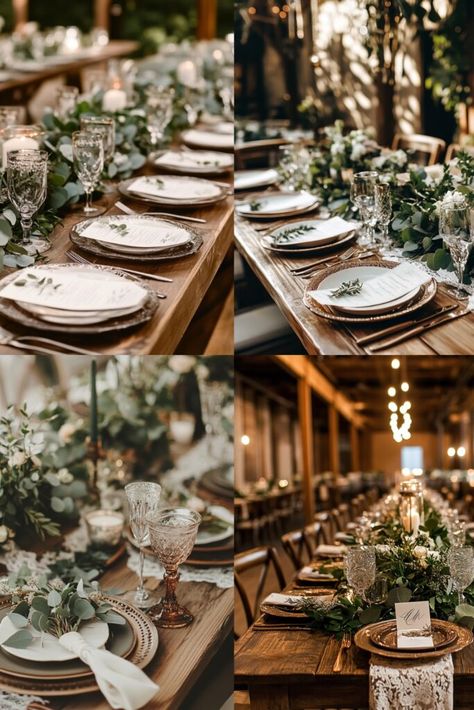 Wedding table setup with dark green foliage like eucalyptus, rustic wood accents, and soft textures like lace and velvet, blending natural and luxurious elements seamlessly. White And Green Fall Wedding, Wedding Color Schemes Fall Green, Natural Wedding Palette, Country Sage Green Wedding, Green Country Wedding Theme, Pine Wedding Colors, Dark Rustic Wedding Decor, Wedding Themes September, Farmhouse Wedding Colors