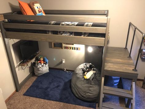 Gaming Setup Under Loft Bed Bunk, Bunk Beds With Gaming Area, Loft Bed With Hangout Area, Loft Bed Tv Under, Under A Loft Bed Ideas, Boy Loft Room, Lego Loft Bed, Under Bed Gaming Setup, Loft Bed With Tv Underneath