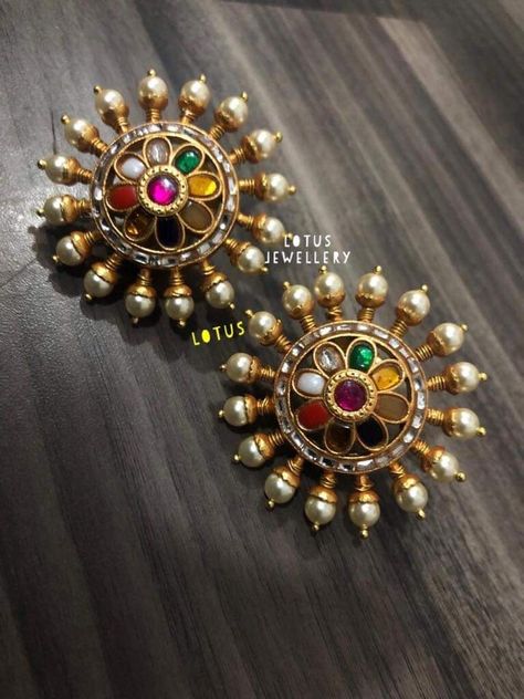 Navaratna Ear Studs, Navratna Earrings Gold, Navarathan Earrings, Navarathna Ear Rings, Navarathna Studs, Navratan Jewellery, Pearl Bridal Jewelry Sets, Gold Earrings Indian, Gold Jhumka Earrings