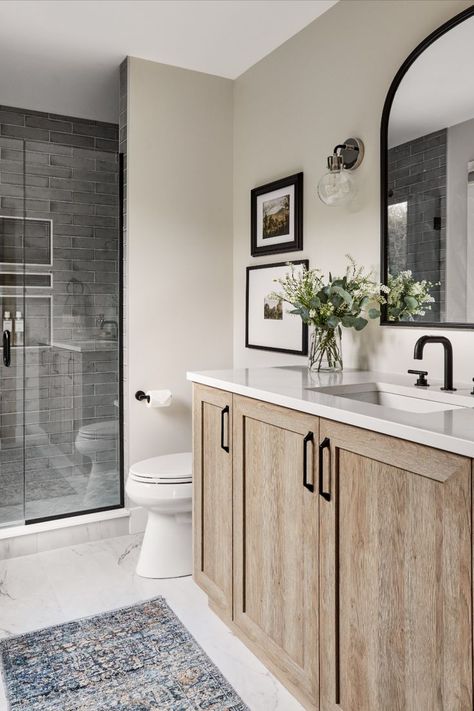 Natural Wood And Black Bathroom, Nuetral Pallete Bathrooms, Off White Bathroom Tile, Modern Farmhouse Bathroom Joanna Gaines, Simple Master Bath, Modern Farmhouse Guest Bathroom, Earth Tone Bathroom Ideas, Transitional Master Bath, Full Bathroom Ideas