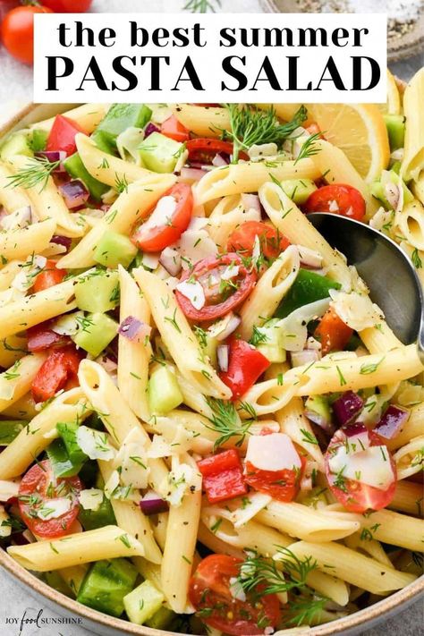 This summer pasta salad is bright and flavorful. A delicious homemade lemon dressing, fresh dill and in-season summer vegetables make this lemon pasta salad irresistibly delicious! A perfect BBQ side dish! Honey Lemon Pasta Salad, Pasta Salad With Lemon Vinaigrette, Cold Lemon Pasta Salad, Cold Pasta Salad Dressing, Lemon Pasta Salad, Light Pasta Salads, Lemon Pasta Salads, Pasta Salad Dressing Recipe, Spring Pasta Salad