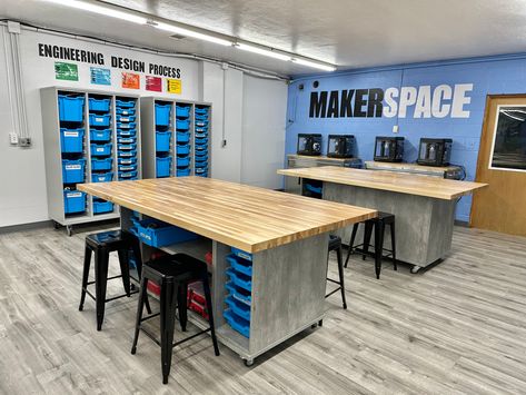 We love what Okeene Schools has done with transitioning this room into their STEM lab, and we are pleased to have helped them with the furnishings. WB’s Synergy Collection features their Nucleus Workstation with the butcher block work surface and storage available in the base of the table. WB’s Tote Tray Series are available in numerous configurations, and may be easily customized. WB’s ELO Series was chosen for the student tables and computer stations, with arched legs for more leg clearance, a Stem Lab Design Classroom, Stem Room Design, Laboratory Organization, Stem Lab Design, Lab Organization, Stem Room, Robotics Lab, Stem Robotics, Maker Labs