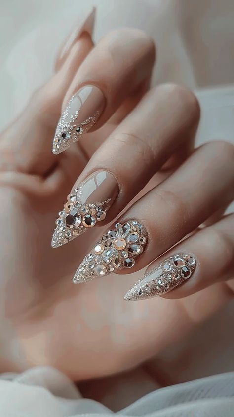 44 Crystal Nails Designs That Will Make You Sparkle and Shine 28 Wedding Nails With Stones, Nail Art Crystals Rhinestones, Sparkly Nails With Gems, Swarovski Crystal Nails, Nail Inspo Rhinestones, Gorgeous Nails Designs, Nails With Stones, Bridal Nail Designs, Trending Nail Art Designs