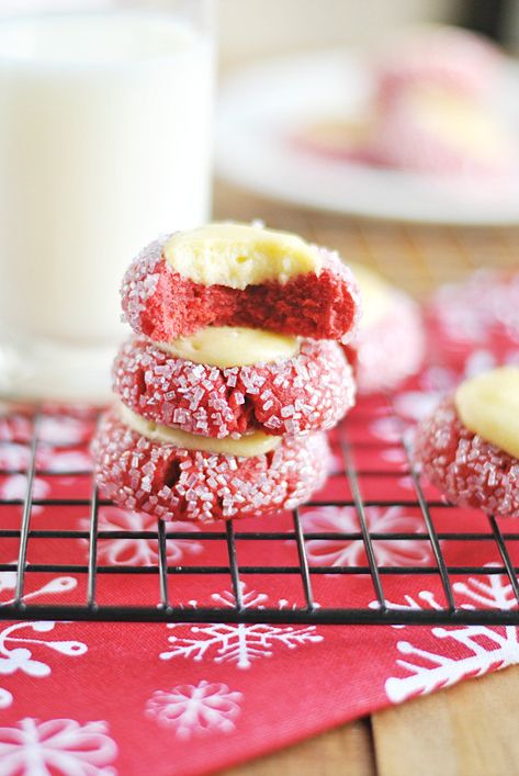 These Red Velvet Thumbprints are a cookie and cheesecake in one! Perfect for Christmas cookie plates and dangerously delicious. Cream Cheese Thumbprint Cookies, Cheese Thumbprint Cookies, Velvet Cookies, Best Holiday Cookies, Red Velvet Cookies, Velvet Cream, Valentines Day Cookies, Thumbprint Cookies, Xmas Cookies