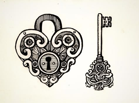 heart shaped lock and key valentine (2012) Padlock Heart Tattoo, Vintage Lock Tattoo, Heart Lock Drawing, Padlock Tattoo, Heart Lock Tattoo, Lock Drawing, Skeleton Key Tattoo, Collage Ephemera, Lock Tattoo