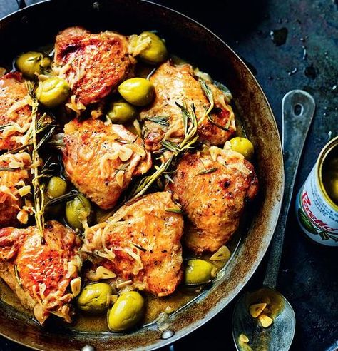 This recipe for braised chicken with Spanish olives from Omar Allibhoy's Tapas Revolution is an absolute classic in our household. It's a colourful, flavoursome dish that the whole family loves coming home to. Omar Allibhoy, Olive Magazine, Spanish Chicken, Spanish Olives, Spanish Tapas, Spanish Dishes, Midweek Meals, Braised Chicken, Tapas Bar