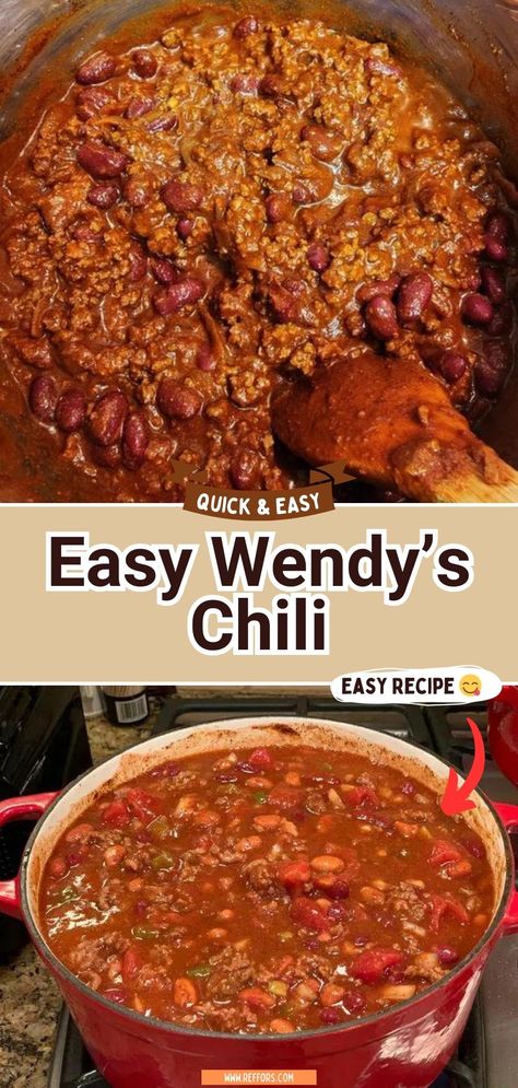 Bring the warmth and comfort of Wendy's chili right into your own kitchen with this hearty recipe. Loaded with beans, ground beef, and a rich tomato base, this chili is the ultimate comfort food for chilly evenings. Top it off with some shredded cheese and a dollop of sour cream for the perfect bowl of cozy goodness. #ComfortFood #ChiliNight #WendysAtHome Good Chili Recipes Ground Beef, Hearty Beef Chilli, Hamburger Chili Recipe Ground Beef, Recipes With Chili Beans, Culvers Chili Recipe, Chili With Beans And Ground Beef, Football Game Recipes, Wendy’s Chili, Hillbilly Chili Recipe