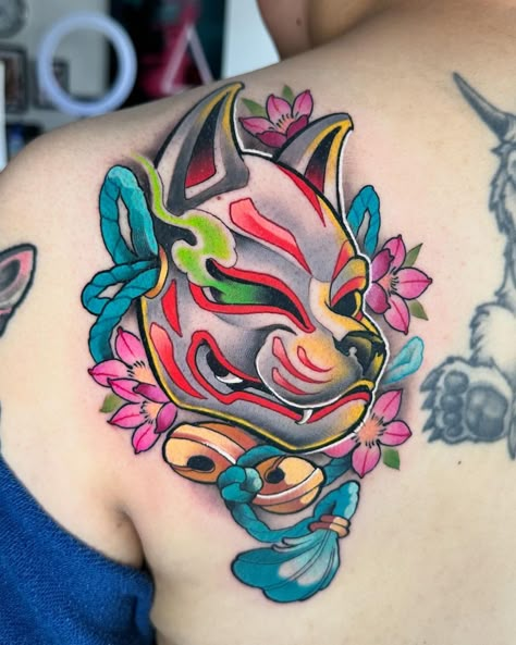 Such a vibrant neo-Japanese kitsune mask by Gazz Tattoos!  Created with #magnumtattoosupplies ❤️  #tattoo #tattooartist #tattoos #tattooart #tattoosupplies #tattooequipment #uktattooartist #uktattooartists #neojapanese #neojapanesetattoo #kitsuine #kitsunetattoo #kitsunemask #kitsunemasktattoo #neotraditional #neotraditionaltattoo #neotrad #neotradtattoo #irezumi #irezumicollective Kitsune Mask Tattoo Design, Neo Japanese Tattoo Designs, Nine Tails Tattoo, Kitsune Mask Tattoo, Neo Japanese, Kitsune Tattoo, Japanese Mask Tattoo, Japanese Kitsune, Oni Mask Tattoo