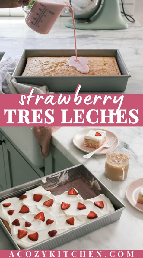 Strawberry Tres Leches is an ideal summertime dessert. Strawberry milk is blended with three milks and then poured over a light and airy sponge cake until it’s all absorbed. The result is a sweet and delicious cake that’s full of flavor. #sheetcakerecipess #summerdessert #strawberryrecipes Tres Leches Lunch Box Cake, Strawberries Tres Leches Cake, Tres Leches Filling, Strawberry Tres Leches Cake Decoration, Strawberry Milk Cake Recipe, Trace Leches Cake, Raspberry Tres Leches Cake, Strawberry Cake Tres Leches, Strawberry Les Tres Cake